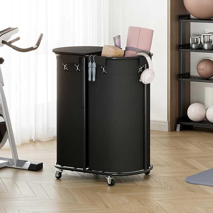 Chrislley 200L Double Laundry Hamper with Wheels and Lid, Large Oval Rolling Laundry Basket 2 section, Laundry Cart with Removable Bags and Iron Frame, Dirty Clothes Hamper for Home, Dorm, Black