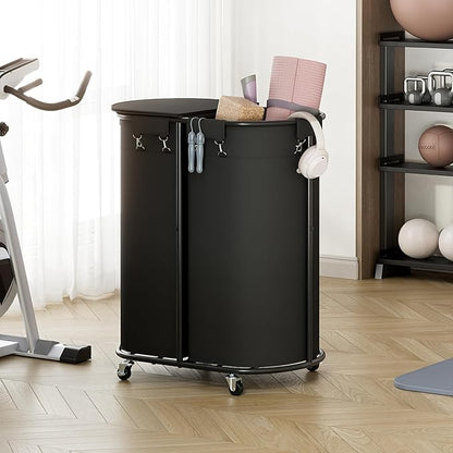 Chrislley 200L Double Laundry Hamper with Wheels and Lid, Large Oval Rolling Laundry Basket 2 section, Laundry Cart with Removable Bags and Iron Frame, Dirty Clothes Hamper for Home, Dorm, Black