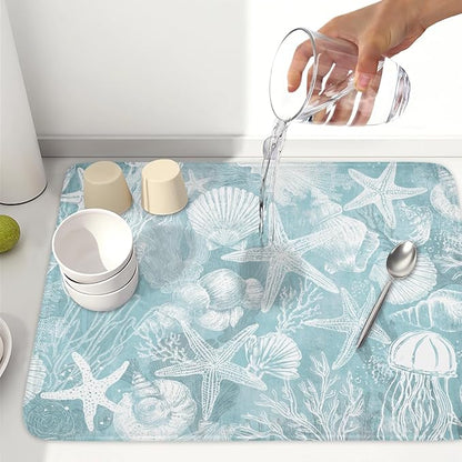 Summer Sea Shell Drying Mat 24x18 Inch, Teal Starfish Drying Mat with Absorbent Reversible Microfiber, Coastal Dish Drainer Mats Holiday Ocean Rack Pad for Coffee Countertop Kitchen Protector