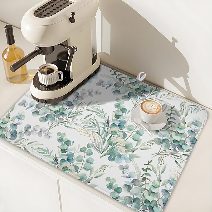 Spring Sage Green Leaves Dish Drying Mat for Kitchen Counter Watercolor Eucalyptus Leaf Drying Mat 18x24 Inch Rustic Farmhouse Absorbent Dish Drainer Mat Kitchen Accessories