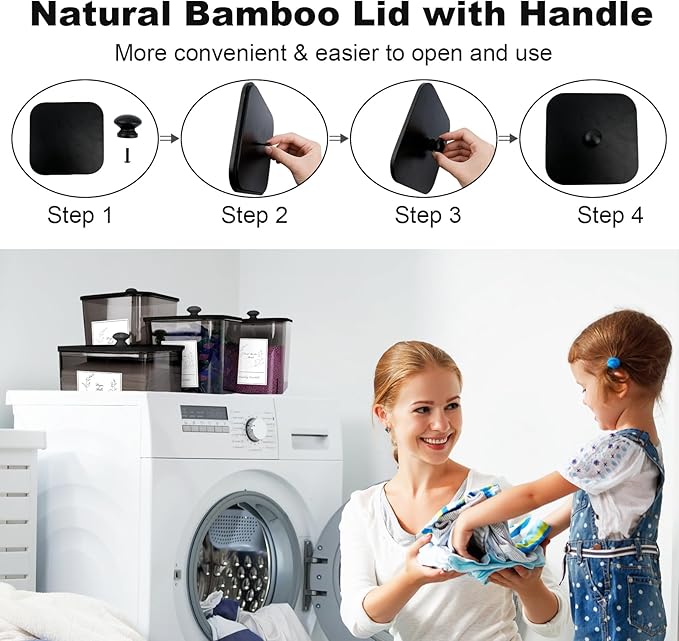 Zingbee 4 Pack Laundry Detergent Containers & Dryer Sheet Holder with Black Lids, Scoops & Labels - Plastic Laundry Organizer and Storage Jars for Pods, Detergent, Scent Booster