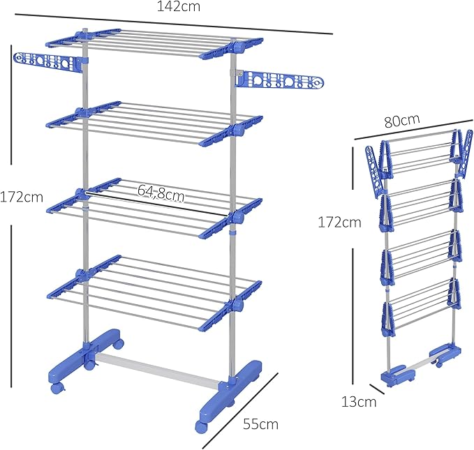 HOMCOM Folding Clothes Airer with Side Wings for Indoor and Outdoor Use 142 x 55 x 172 cm 4 Levels Blue