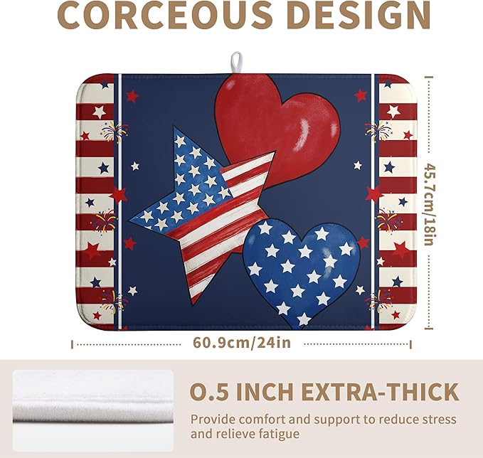 4th of July Star Dish Drying Mats Patriotic Hearts Dish Mat Blue Red Firework Drying Matt Dishes Dryer Pad for Kitchen Counter Absorbent Microfiber Washable Foldable Reusable 18x24 in