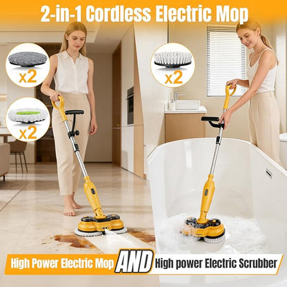 Cordless Electric Mop for Dewalt 20V Battery (NO Battery), 2 in 1 Spin Mop & Electric Floor Scrubber Machine with LED Light & Water Spray, 800 RPM Rotating Electric Mops for Floor Cleaning (Yellow)