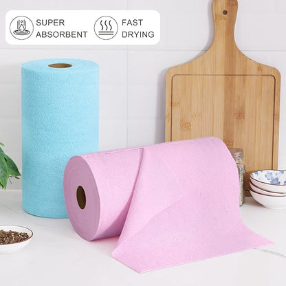 Homaxy Tear Away Dish Cloths Rolls, 75 Sheets-11.8" X 11.8", Reusable Washable Dish Towels for Kitchen, Ultra Absorbent and Quick Drying Microfiber Cleaning Rags, Pink