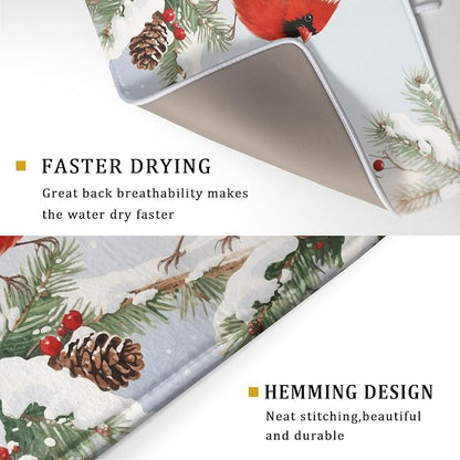 Winter Cardinal Bird Dish Drying Mat for Kitchen Counter 18x24 Christmas Snow Scene Theme Seasonal Absorbent Reversible Microfiber Drying Mats Kitchen Countertop Protector Dishes Drainer Pad