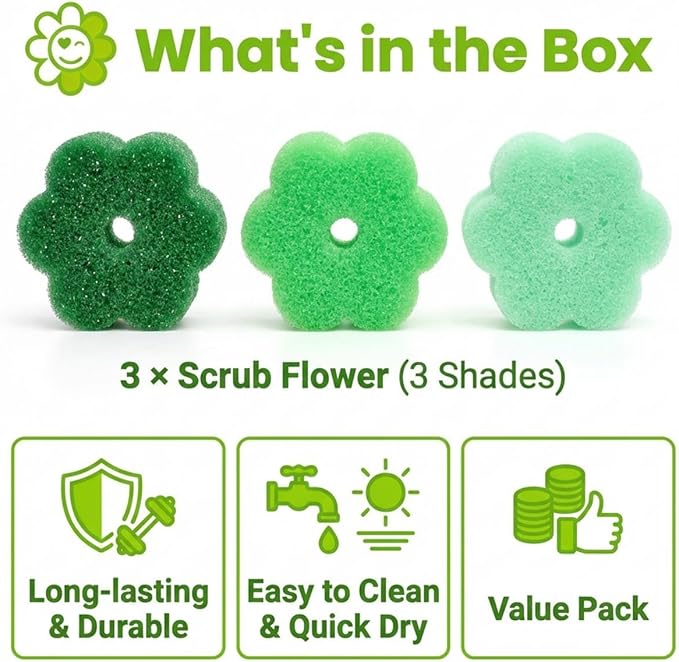 Scrub Flower Temperature Sensitive Sponges -Non-Scratch Scrubbers for Kitchen & Home - Firm in Cold & Soft in Warm Water - Odor Resistant Color-Coded Dish Sponges (Garden Mint, 3 Count)