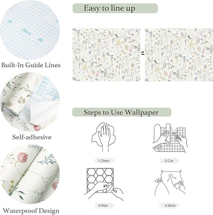 Dimoon 393"x16.1" Floral Peel and Stick Wallpaper Beige Contact Paper Thicken Wallpaper Delicate Flower Waterproof Green Leaf White Self Adhesive Removable Wall Paper Shelf Liner Decal Vinyl Roll