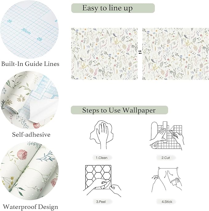 Dimoon 118"x16.1" Floral Peel and Stick Wallpaper Beige Contact Paper Thicken Wallpaper Delicate Flower Waterproof Green Leaf White Self Adhesive Removable Wall Paper Shelf Liner Decal Vinyl Roll
