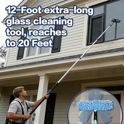 20FT High Reach Duster Cleaning Kit with 5-12 FTExtension Pole, High Ceiling Fan Cleaner Duster Tool for Fan Blades, Extendable Reusable Cobweb, Feather, Window Cleaning Squeegee Kit (12FT)