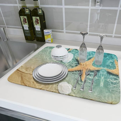 Summer Beach Style Dish Drying Mat for Kitchen Counter,Starfish and Seashell Drying Mat 18 x 24 Inch with High Absorbent Reversible Microfiber Dish Drying Pad Drainer Mat for Coffee Bar