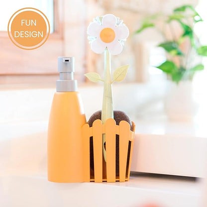 Vigar Florganic Kitchen Soap Dispenser Set, Dish Soap Dispenser with Sponge Caddy and Dish Brush, Daisy-Themed, Perfect Kitchen Sink Caddy, Orange