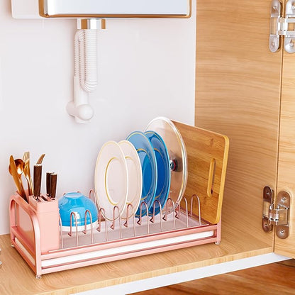 Pink Dish Rack - Small Dish Drying Rack for Limitied Kitchen Counter, Narrow Stainless Steel Dish Drainer w Tray, Cutlery Holder, Cute Kitchen Appliances Organizer for A Lovely You