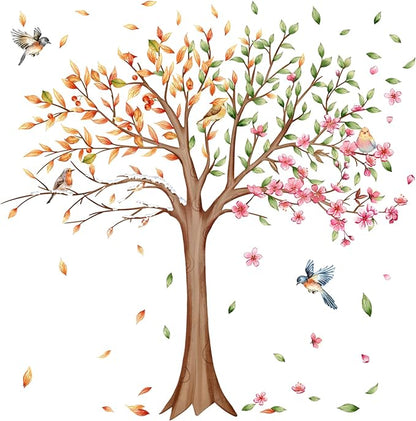 3 Sheets Large Tree Wall Decals Stickers Removable Floral Murals Peel and Stick Colorful Tree of Life Art Vinyl Living Room Decor with Flowers & Birds for Classroom Girls Bedroom Kids Nursery Office