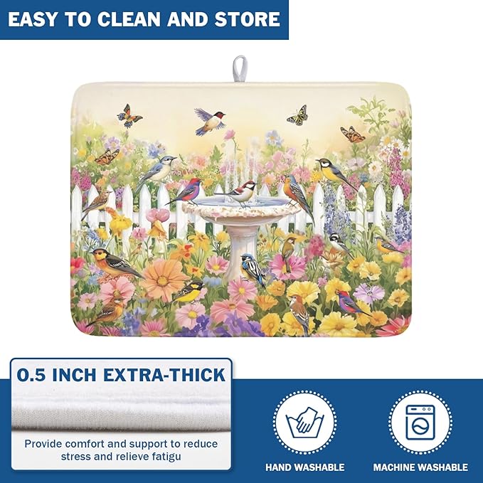 Spring Summer Floral Birds Dish Drying Mat for Kitchen Counter Colorful Garden Pattern Drying Mat 18x24 Inch Rustic Farmhouse Absorbent Dish Drainer Mat Kitchen Accessories