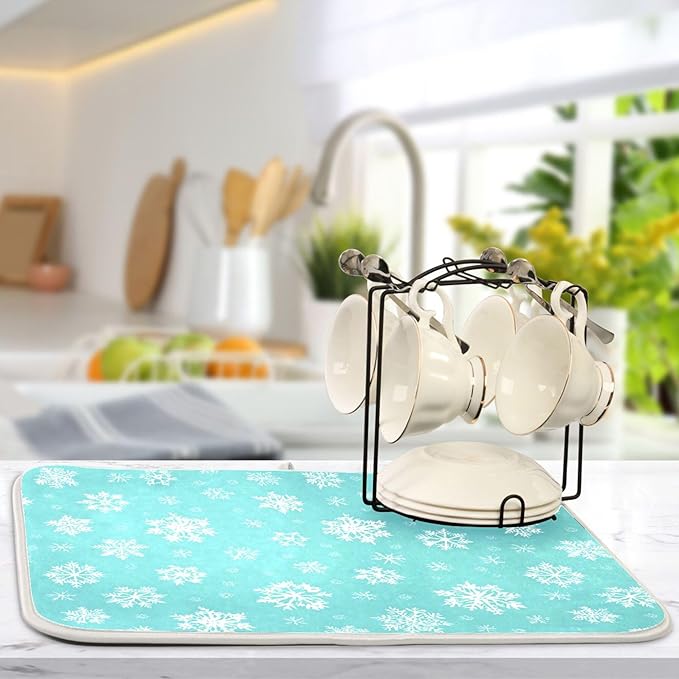 Winter Snowflake Turquoise Dish Drying Mat for Kitchen Countertop 16x18 Christmas Snow Aqua Xmas Small Drying Mat Reusable Quick Dry Dish Sink Mats Easy Clean Decorative Essentials