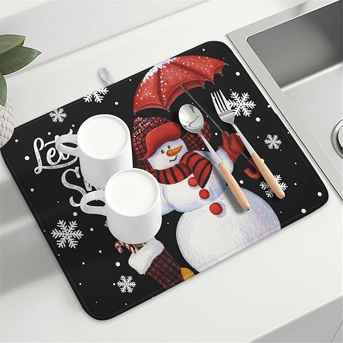 Black Snowman Dish Drying Mats for Kitchen Counter, Winter Snowflake Dish Mat Absorbent Reversible Microfiber Dish Drying Pad Christmas Kitchen Drying Mat Dish Drainer Rack Mats for Bar 18”x24”