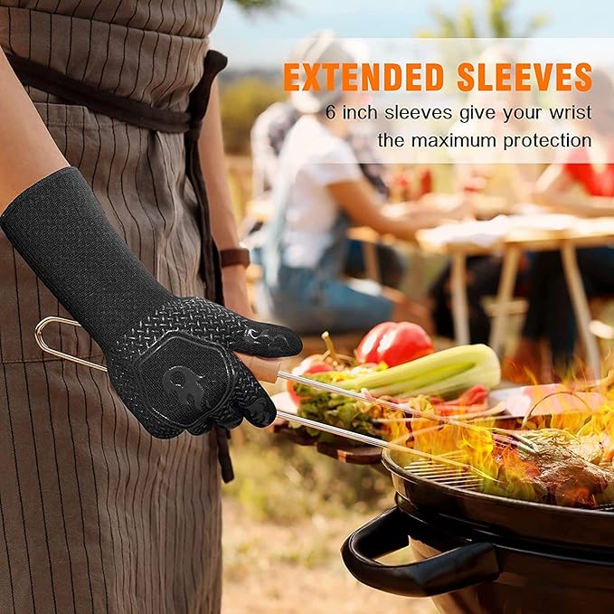 HAMITOR BBQ Grill Gloves : 1472℉ High Temp Resistance Fireproof Glove for Grilling Barbecue - Washable Long Oven Mitts Extreme Hot Proof Mittens for Kitchen Cooking Baking