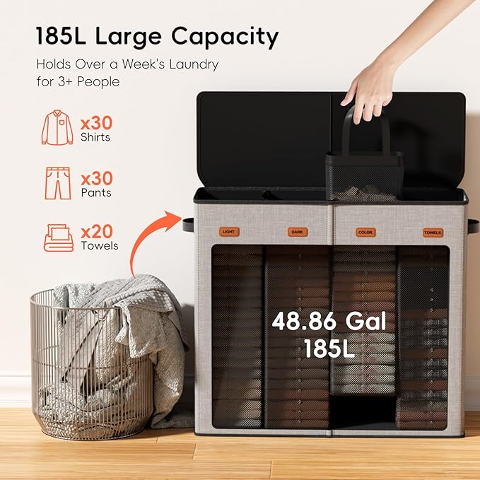 Laundry Hamper 4-Section with Lid, 185L Laundry Sorter with 4 Removable Bags + 1 Extra Large Bag, Switchable 3/4 Compartment, Laundry Basket Organizer for Bedroom, Laundry Room，Grey