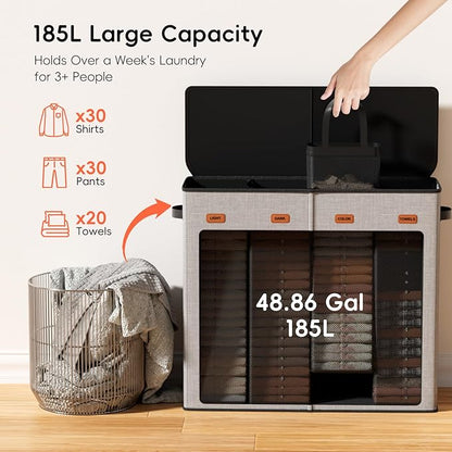 Laundry Hamper 4-Section with Lid, 185L Laundry Sorter with 4 Removable Bags + 1 Extra Large Bag, Switchable 3/4 Compartment, Laundry Basket Organizer for Bedroom, Laundry Room，Grey