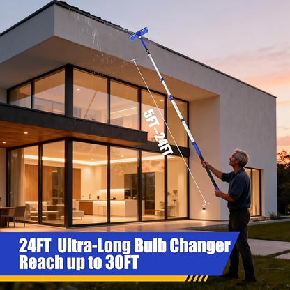 30FT Light Bulb Changer for High Ceilings with 5-24FT Heavy Duty Extension Pole,High Ceiling Fan Duster Extendable Reusable Cobweb,Feather,Window Cleaning Squeegee Kit for Home & House,Interior Roof
