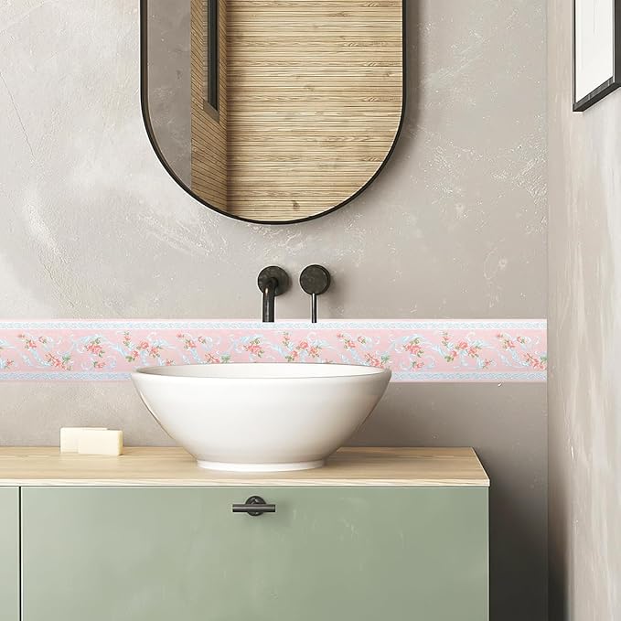 AbaBoorty Pink Flower Pattern Wallpaper Trim - 196"X4.1" Self-Adhesive Wall Border Sticker Decor for Bedroom & Living Room Walls