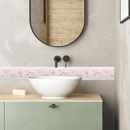 AbaBoorty Pink Flower Pattern Wallpaper Trim - 196"X4.1" Self-Adhesive Wall Border Sticker Decor for Bedroom & Living Room Walls