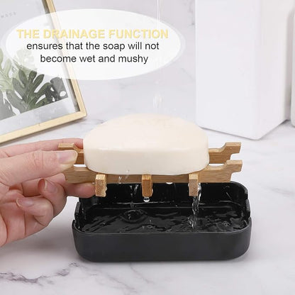 Bamboo Wooden Soap Dishes for Bathroom Bar Soap Holder Shower Soap Holder Sink Deck Bathtub Shower Tray (Two Pieces Black)
