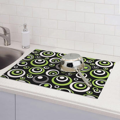 Green Black Gray Geometric Circle Dish Drying Mat for Kitchen Counter, Absorbent Microfiber Modern Drying Pad for Dish Drainer, Washable, Foldable for Kitchen Gadgets, Multi-Use, Home Decor, 18" x 24"