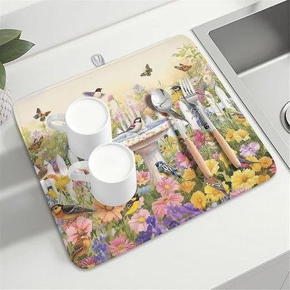 Spring Summer Floral Birds Dish Drying Mat for Kitchen Counter Colorful Garden Pattern Drying Mat 16x18 Inch Rustic Farmhouse Absorbent Dish Drainer Mat Kitchen Accessories