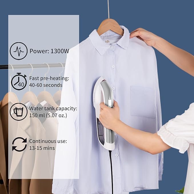 HOMETOP Professional Handheld Steamer, Garment Steamer Iron for Clothes, 1300W 40s Rapid Even Heat Ceramic Coated Soleplate, Portable Steamer Iron for Home and Travel (Silver)