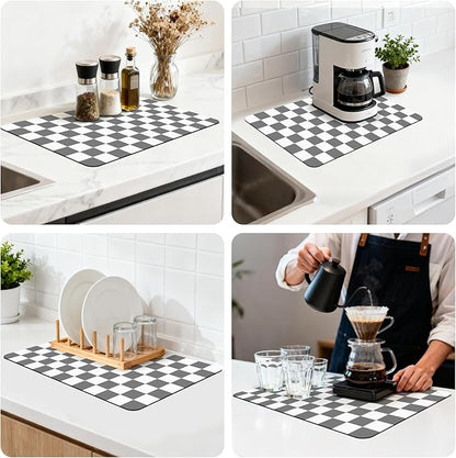 16" x 24" Checkered Dish Drying Mat for Kitchen Counter, Absorbent Coffee Bar Mat for Espresso Machine Coffee Countertops Accessories (Grey)