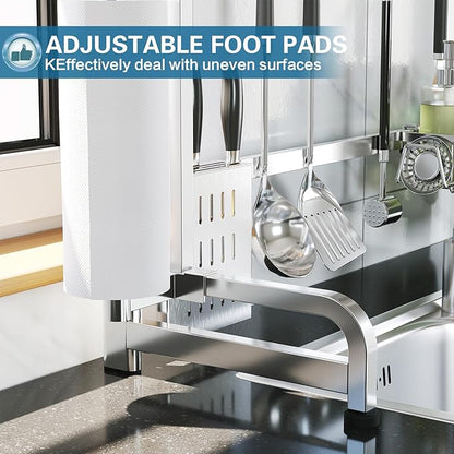 LIVOD Over The Sink Dish Drying Rack,3 Tier Adjustable Length Full Stainless Steel Large Storage Kitchen Dish Rack,for Kitchen Counter Expandable Multifunctional Organizers,Silver (25.98-37.6")