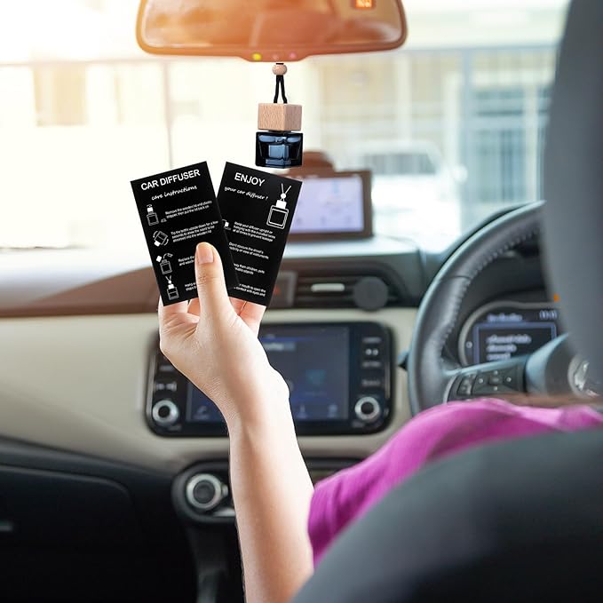DaisyInner 100 Sets Car Diffuser Bottles Empty Bulk Hanging Car Air Freshener Diffuser Bottles Bulk Glass Perfume Holder with Instruction Cards for Essential Oil Fragrance Pendant(Square,Black)