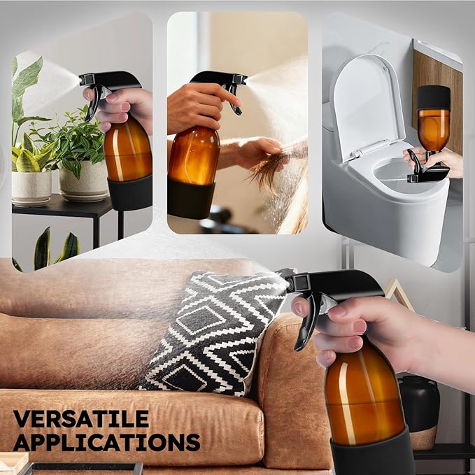 Tecohouse 2 Pack 360° Amber Glass Spray Bottles with Silicone Sleeve, 8 oz Empty Refillable Containers with Adjustable Spray Nozzles, Dark Spray Bottles for Cleaning Solutions, Plants (Black & Brown)