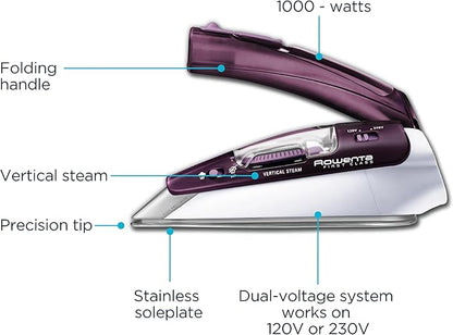 Rowenta Travel Iron, Pro Compact Stainless Steel Soleplate Hand Held Steamer Iron for Clothes, 200 Microsteam Holes, 1000 Watts Ironing, Fabric Steamer, Dual Voltage, Mini Iron, Purple, DA1560