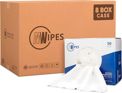 Microfiber Rags in A Box (400 Count) - Mwipes - 10" x 12" Reusable Wipes for Cleaning - Edgeless Terry Towels, Shop Rags, Wash, Dust, Disposable, House, Small Cleaning Cloths (White)