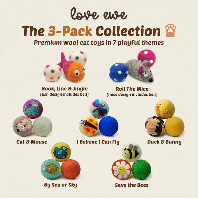 Hustle & Blush Love Ewe Felted Cat Toys 3 Pack- 5 Inch Mouse w/Bell & 2 Inch Ball Hand Made Cute & Fun Design Kitten Wool Felt Balls for Indoor Play & Exercise-100% New Zealand Handmade Felted Balls