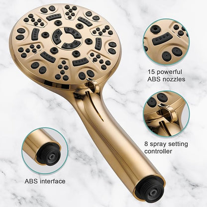 Cobbe 8-Setting Handheld Shower Head with High Pressure Shower Heads - Bathroom Showerhead Set - Detachable Showerhead with 5ft Stainless Steel Hose and Brass Swivel Bracket (Gold)