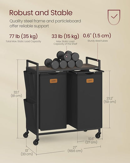 VASAGLE Laundry Hamper, Laundry Sorter Rolling Cart with Shelves, Small Side Pockets, 6 Labels, 2 Compartments, 26.4 Gal. (100 L), Ink Black and Ash Brown UBLH222BH01