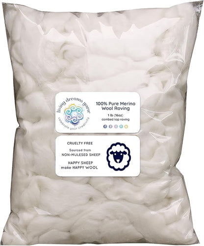 Natural Merino Wool Roving. Ethically & Responsibly Sourced Fiber for Spinning, Blending, Filling and Stuffing - 1 LB Bag, Natural White Combed Top