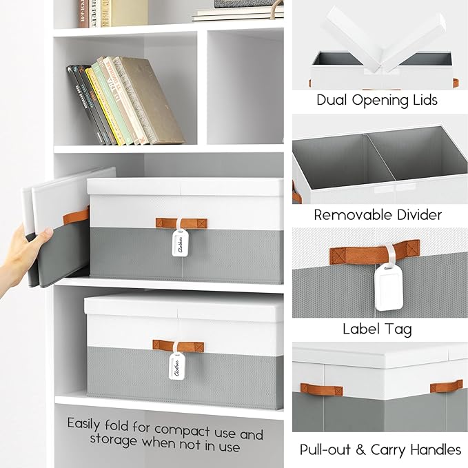 Extra Large Storage Bins - 2 Pack Closet Storage Boxes with Double-Open Lid & Divider Board, Stackable Colthes Storage Organizer, Fabric Basket with Label Tag for Home, Laundry