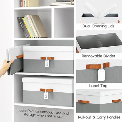 Extra Large Storage Bins - 2 Pack Closet Storage Boxes with Double-Open Lid & Divider Board, Stackable Colthes Storage Organizer, Fabric Basket with Label Tag for Home, Laundry