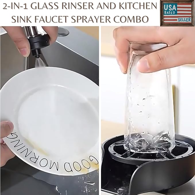 2-in-1 Glass Rinser & Sink Sprayer Attachment – High Pressure Cup Washer for Kitchen Sink – Matte Black Bottle Cleaner -Stainless Steel Cup Cleaner (Fits Standard Counter Holes)