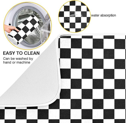 Black White Checkered Pattern Dish Drying Mat for Kitchen Counter Absorbent Microfiber Drying Pad, Large 18x24 in, Reversible Drainer Mats