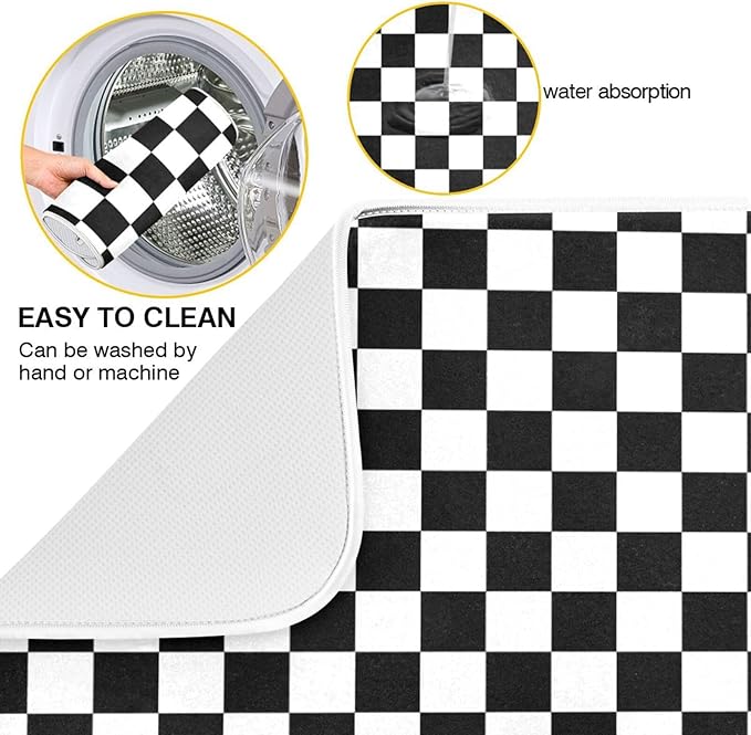 Black White Checkered Pattern Dish Drying Mat for Kitchen Counter Absorbent Microfiber Drying Pad, Medium 16x18 in, Reversible Drainer Mats