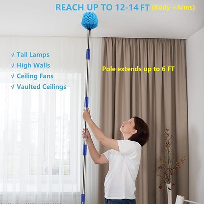 Cobweb Duster with Extension Pole, 6 FT Stainless Steel Pole with Spider Web Brush Head Ceiling Fan Duster for Outdoor Indoor Cleaning, Reach UP to 12-14 FT