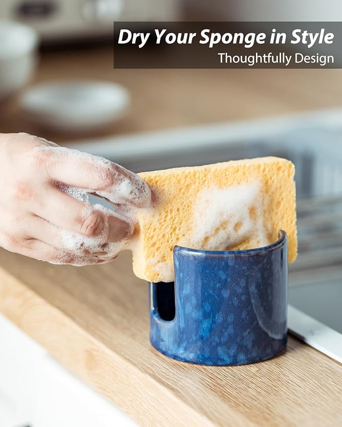 Zoeeker Kitchen Sponge Holder, Ceramic Sponge Organizer Scrubby Holder Sink Caddy Dish Rack for Kitchen and Bathroom, Farmhouse Decor, Blue