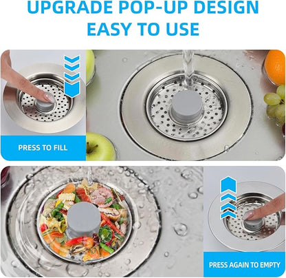 Sink Drain Strainer - Kitchen Sink Stopper, 3 In 1 Kitchen Sink Drain Strainer with Anti-Clogging Basket, Fit US Standard 3-1/2'' Sink Hole