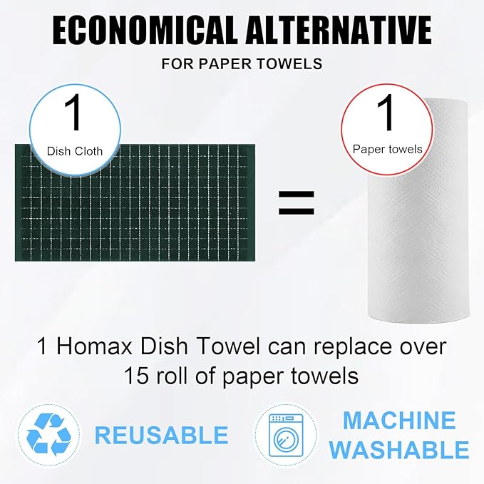 Homaxy 100% Cotton Terry Kitchen Towels(Blackish Green, 13 x 28 inches), Checkered Designed, Soft and Super Absorbent Dish Towels, 12 Pack